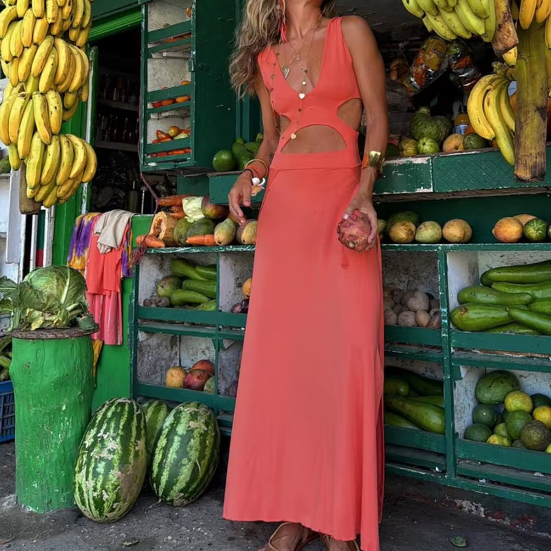 V-Neck Off Waist Sexy Split Slim Dress