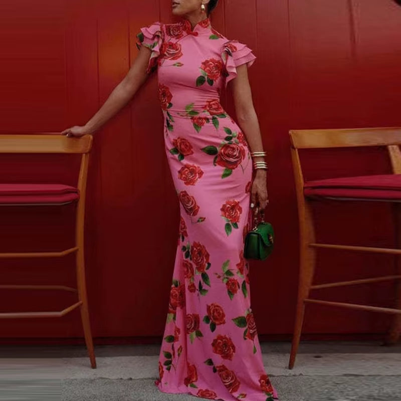 Breezy Elegance: Summer Ruffled Short Sleeved Slim Long Dress