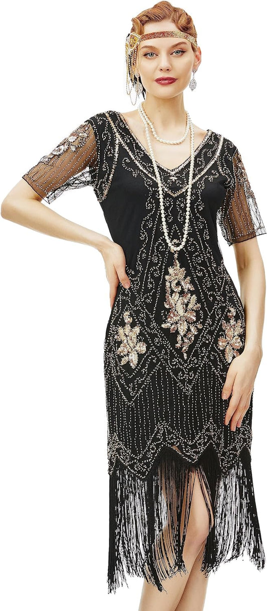 1920S Art Deco Fringed Sequin Dress Roaring 20S Flapper Fancy Dress Gatsby Costume Dress