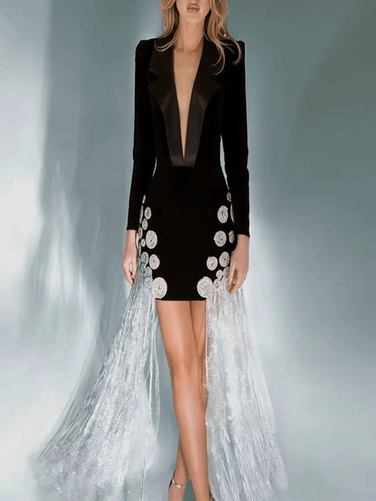 Patchwork Chain Dresses for Women Deep V Neck Long Sleeve High Waist Slimming Elegant Mini Dress Female Fashion New