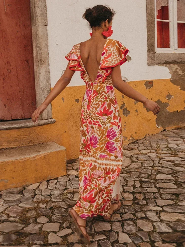 2025 Summer Backless Print Dress for Women – Sexy V Neck Long Dress with Butterfly Sleeves and Split
