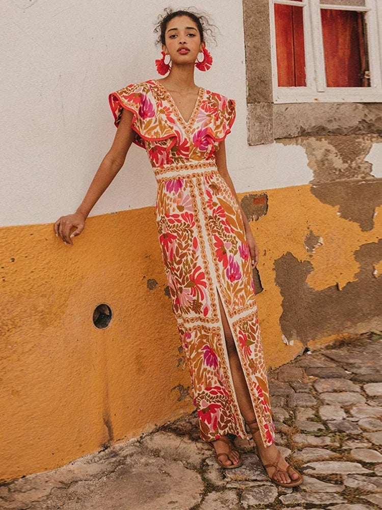 2025 Summer Backless Print Dress for Women – Sexy V Neck Long Dress with Butterfly Sleeves and Split