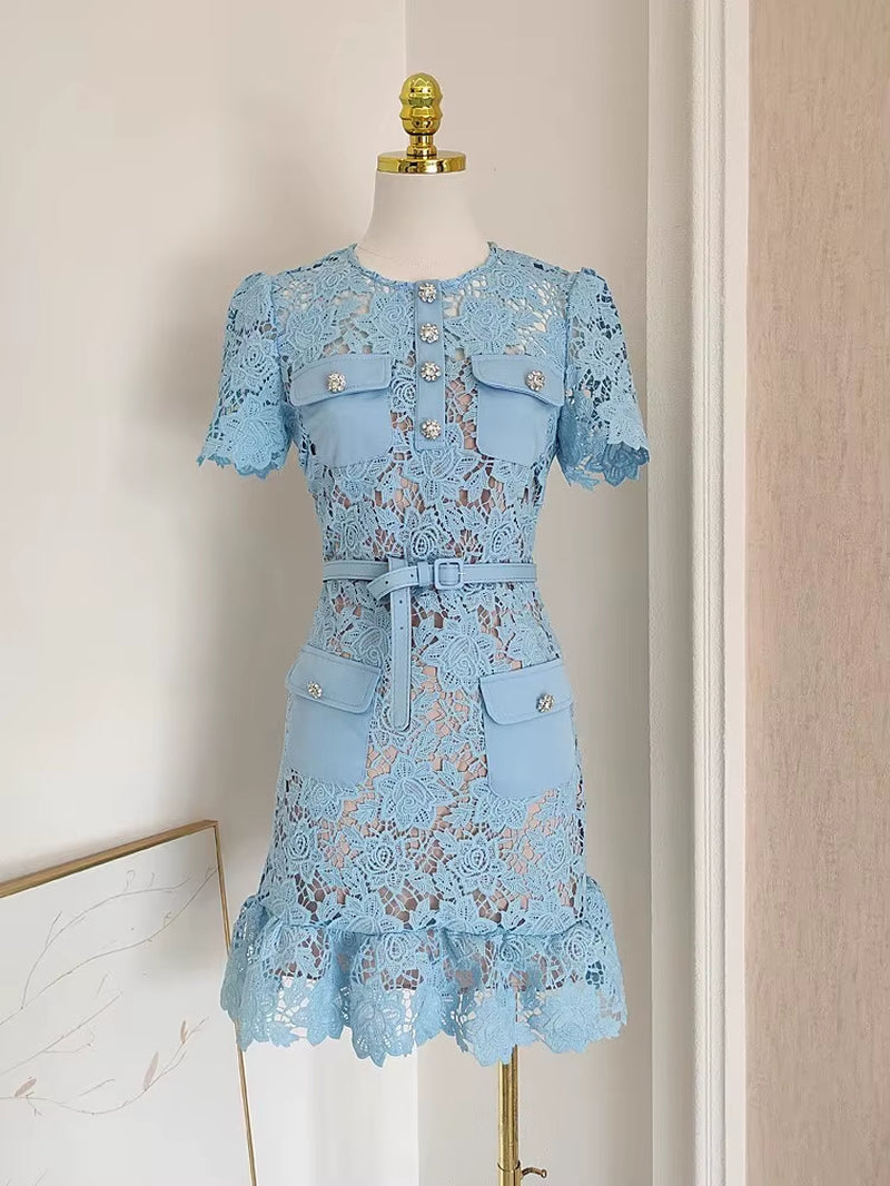 Women Lace Dress Summer Diamonds Buttons Belt Floral Embroidery Lace Party Ruffles Vestidos Blue